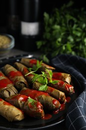 Delicious stuffed grape leaves with tomato sauce on towel, closeup