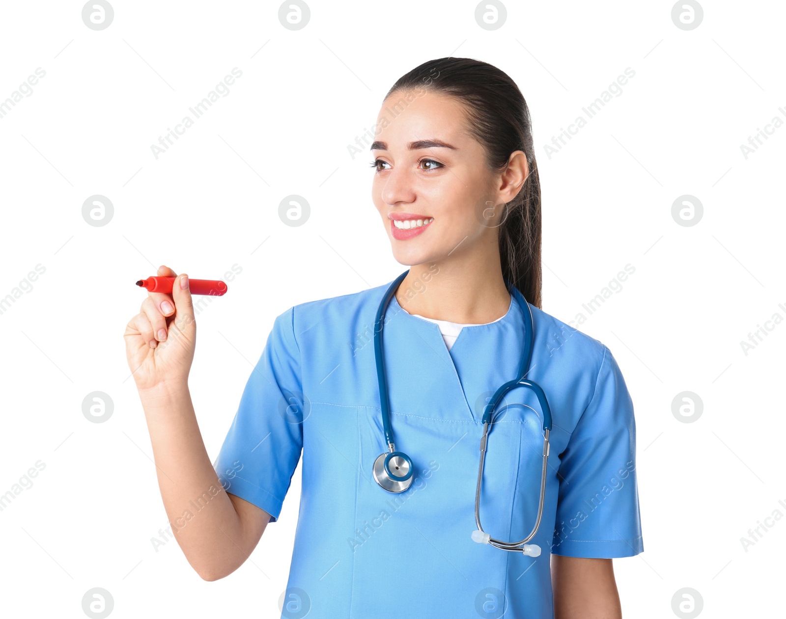 Photo of Medical student with marker on white background