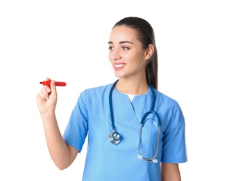 Medical student with marker on white background