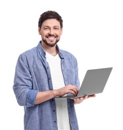 Photo of Happy man with laptop on white background