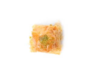 Delicious baklava with pistachio nuts isolated on white, top view