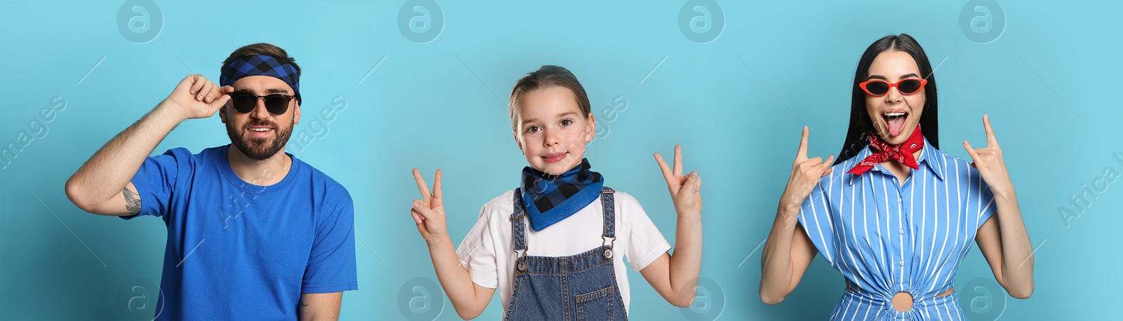 Image of Collage with photos of people wearing stylish bandanas on light blue background. Banner design