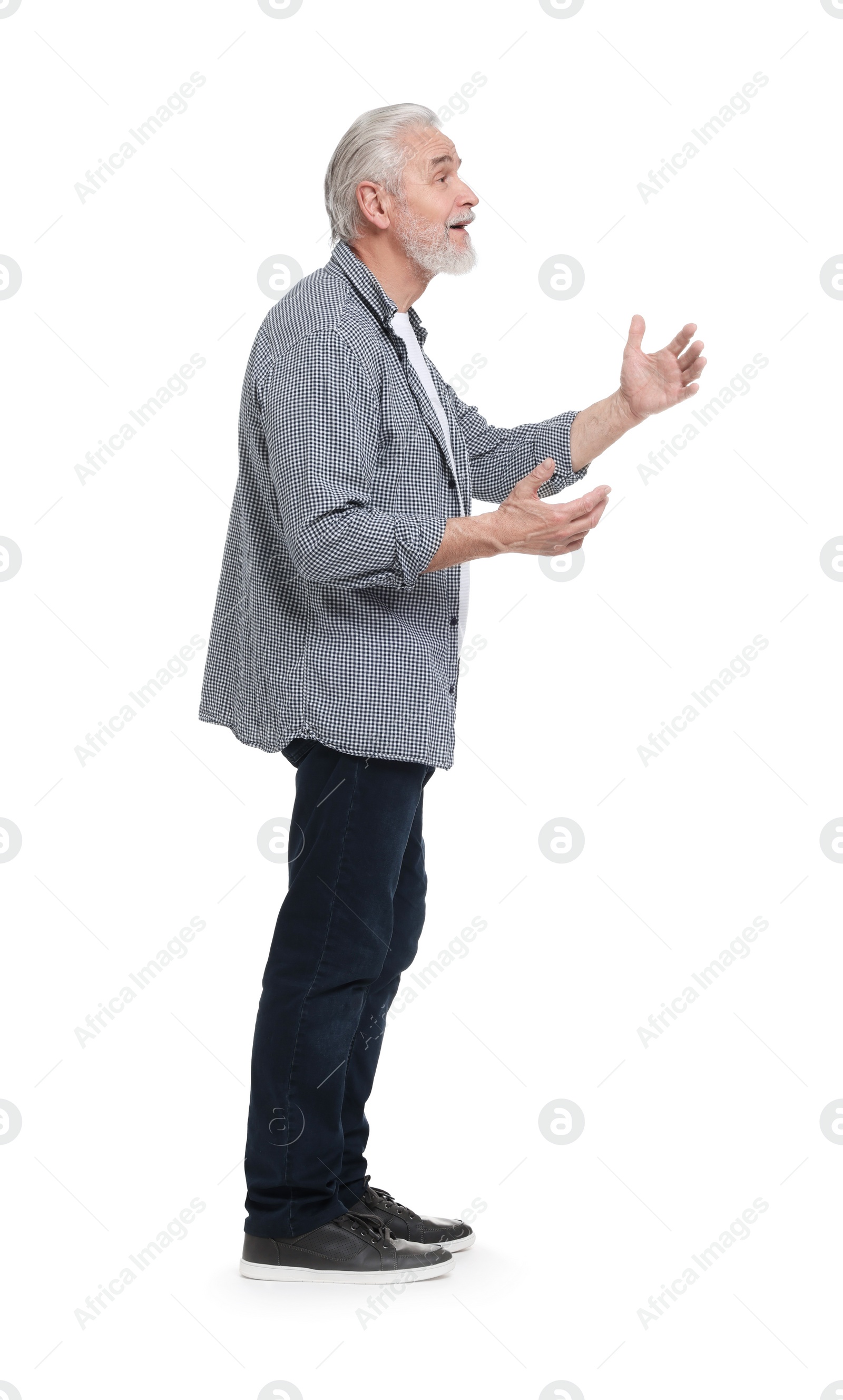 Photo of Senior man greeting someone on white background