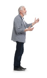 Senior man greeting someone on white background