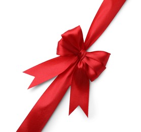 Red satin ribbon with bow isolated on white, top view