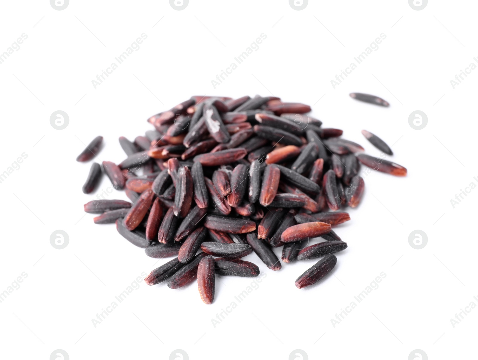 Photo of Uncooked organic brown rice isolated on white