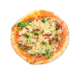 Photo of One delicious vegetarian pizza isolated on white, top view