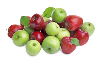 Fresh ripe green and red apples on white background