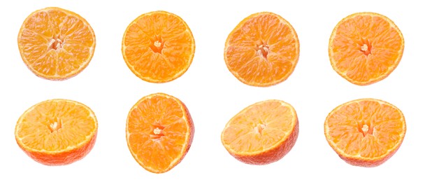 Image of Set with fresh ripe tangerines on white background. Banner design