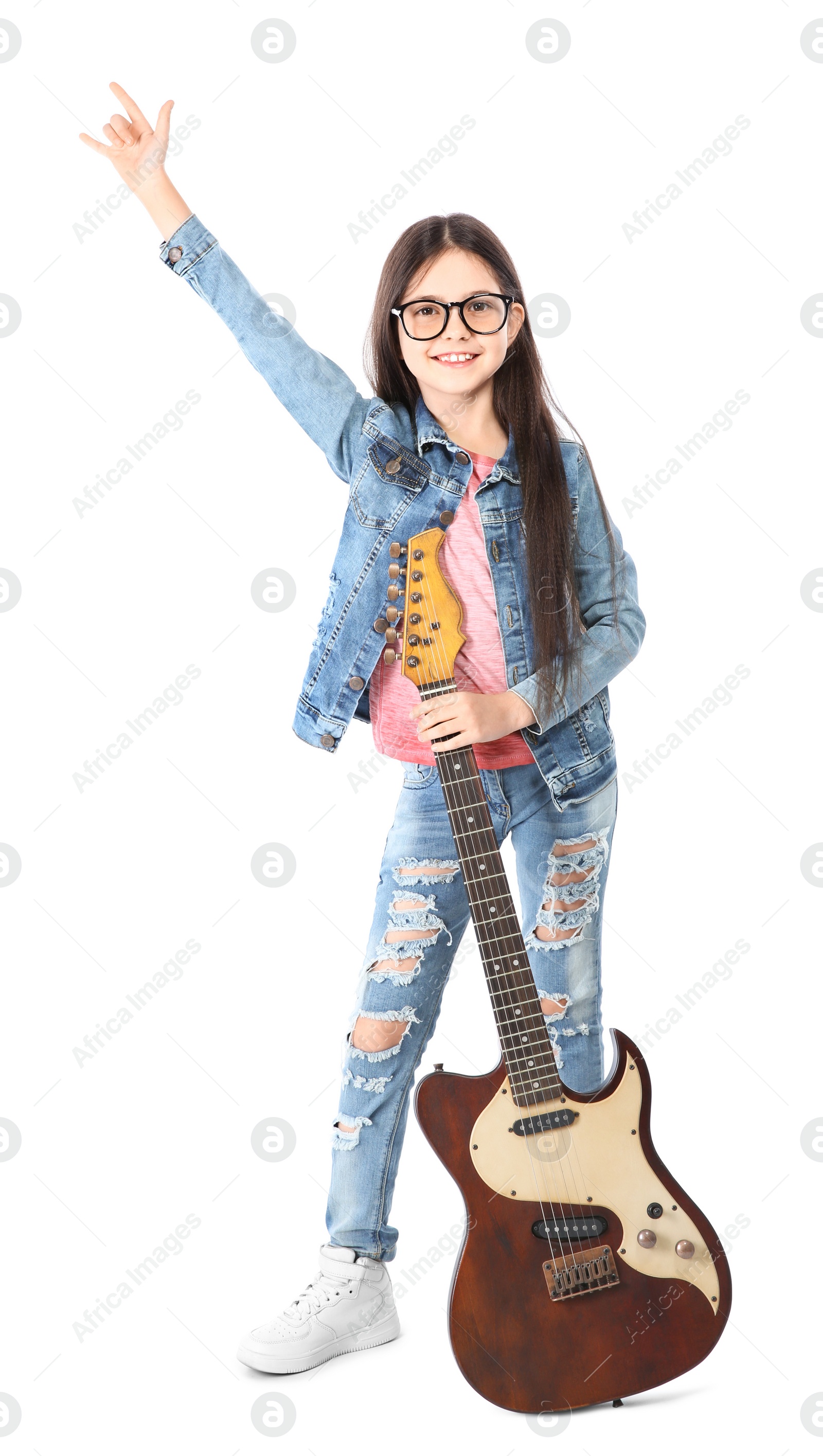 Photo of Little pretty girl with guitar isolated on white