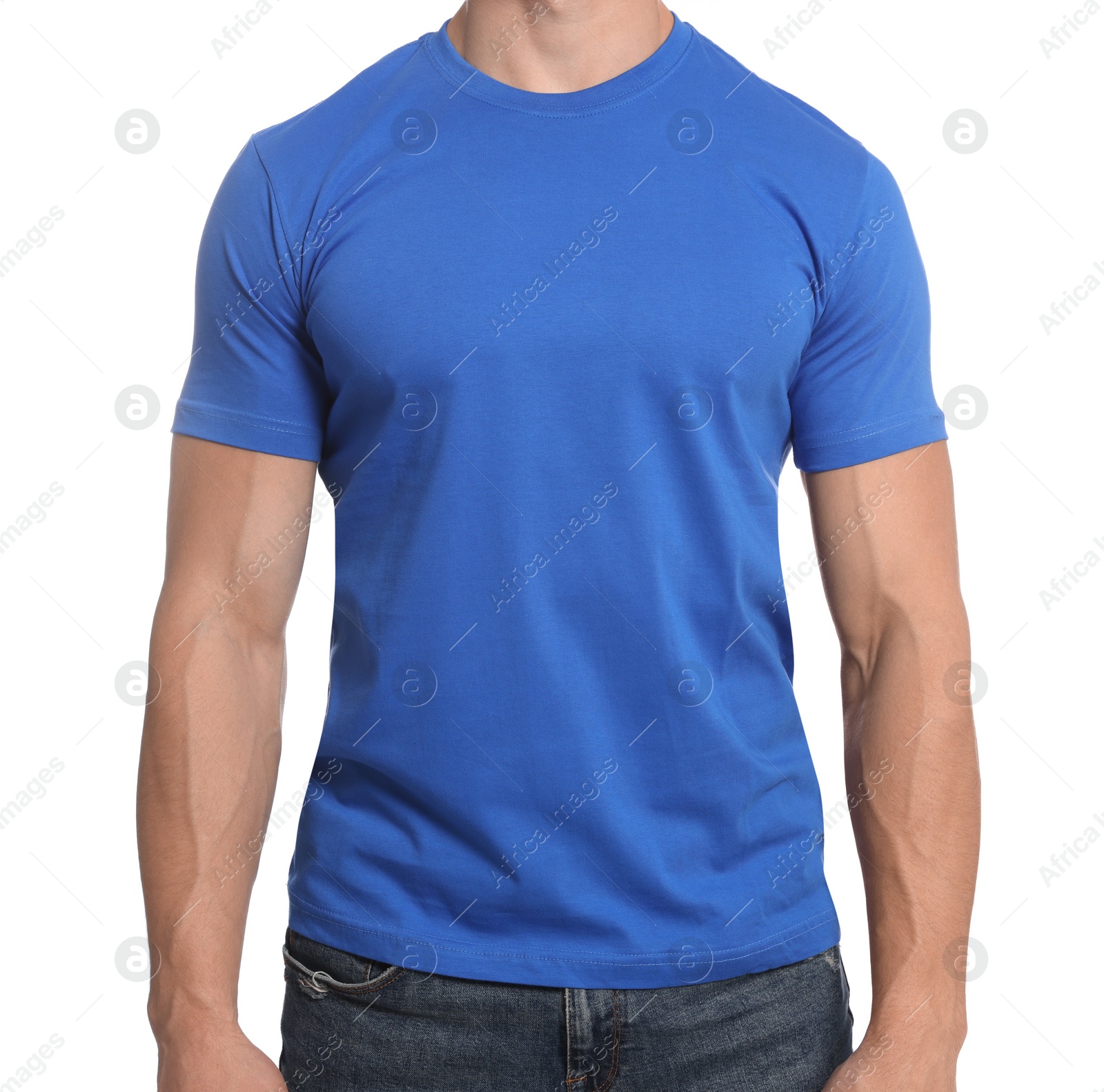 Photo of Man wearing blue t-shirt on white background, closeup. Mockup for design