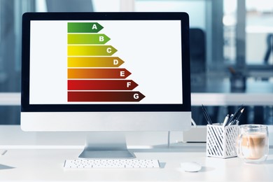 Image of Energy efficiency rating on display. Workplace with modern computer