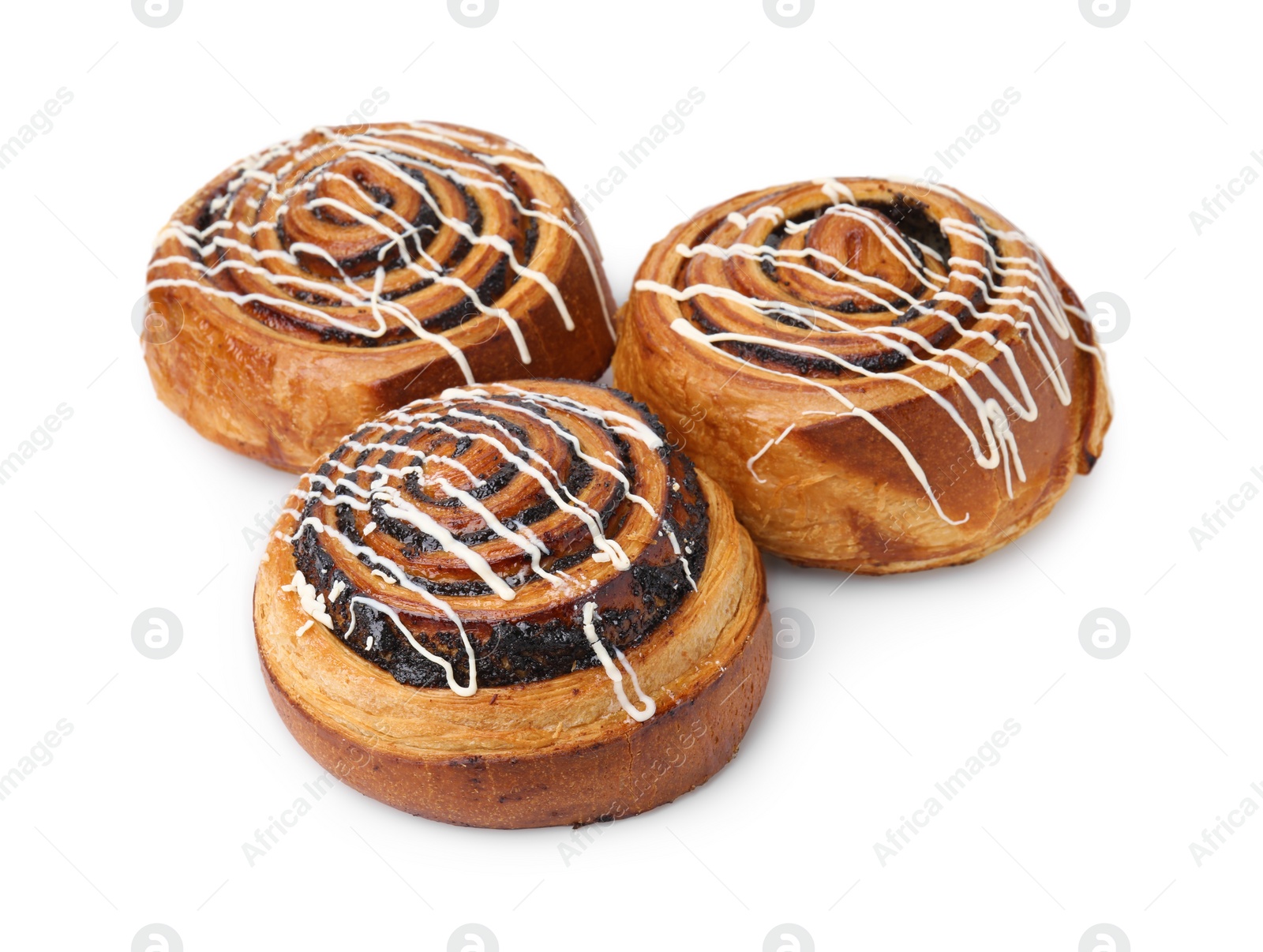 Photo of Delicious rolls with topping and poppy seeds isolated on white. Sweet buns