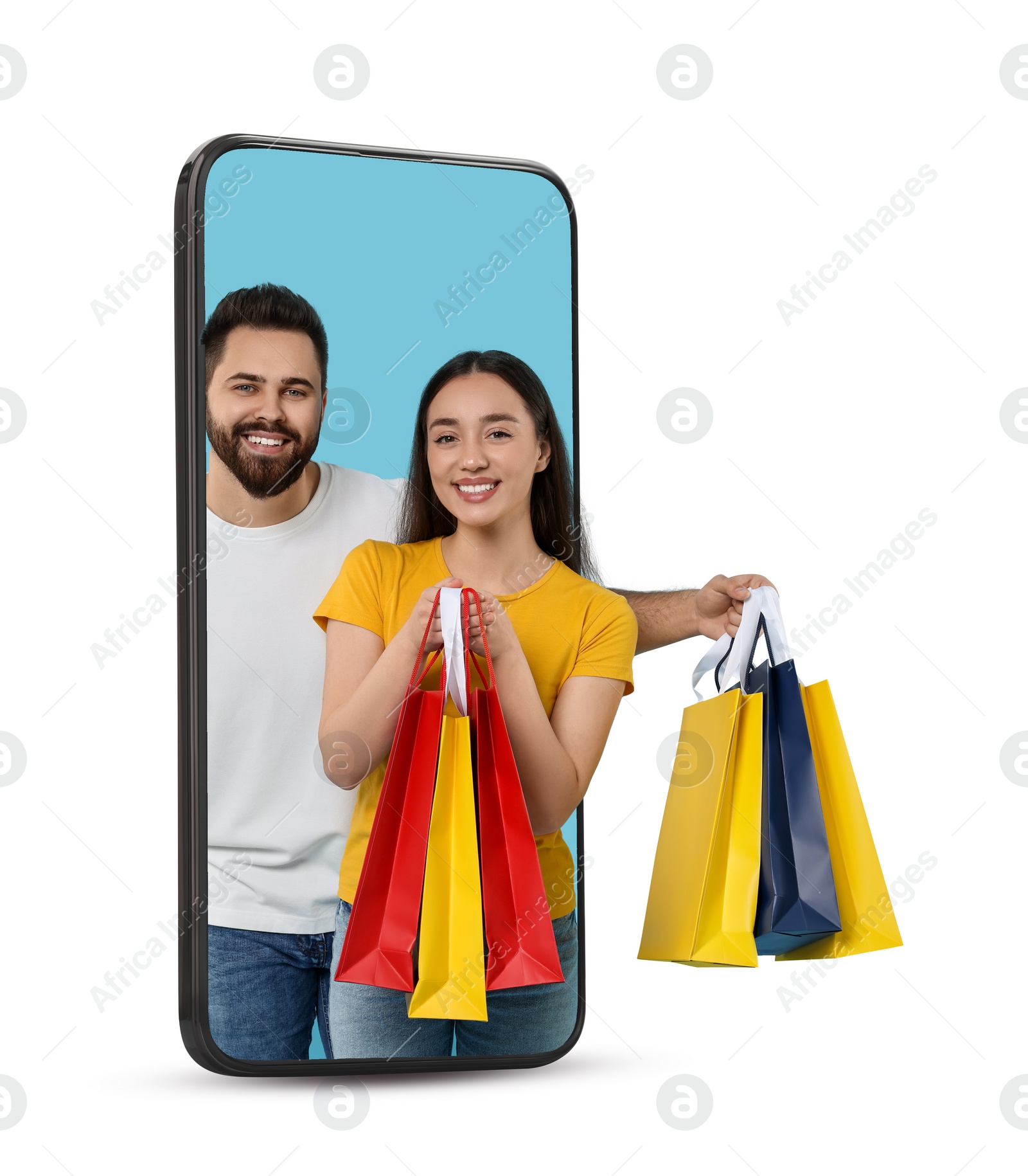 Image of Online shopping. Happy couple with paper bags looking out from smartphone on white background