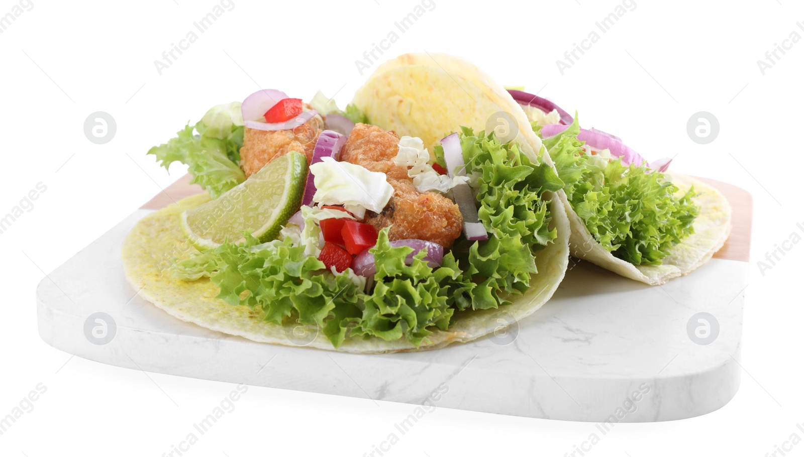 Photo of Delicious fish tacos with lime isolated on white