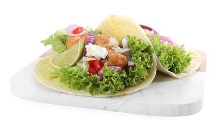 Photo of Delicious fish tacos with lime isolated on white