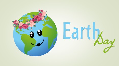Happy Earth Day. Illustration of planet with cute smiley face and floral wreath on light background, banner design