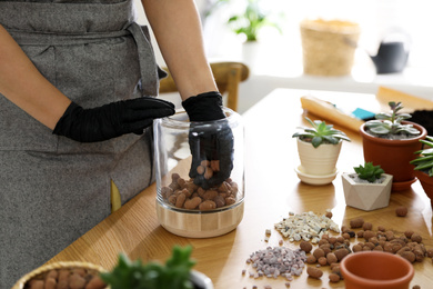 Photo of Woman with expanded clay and succulent plants at home, closeup. Engaging hobby