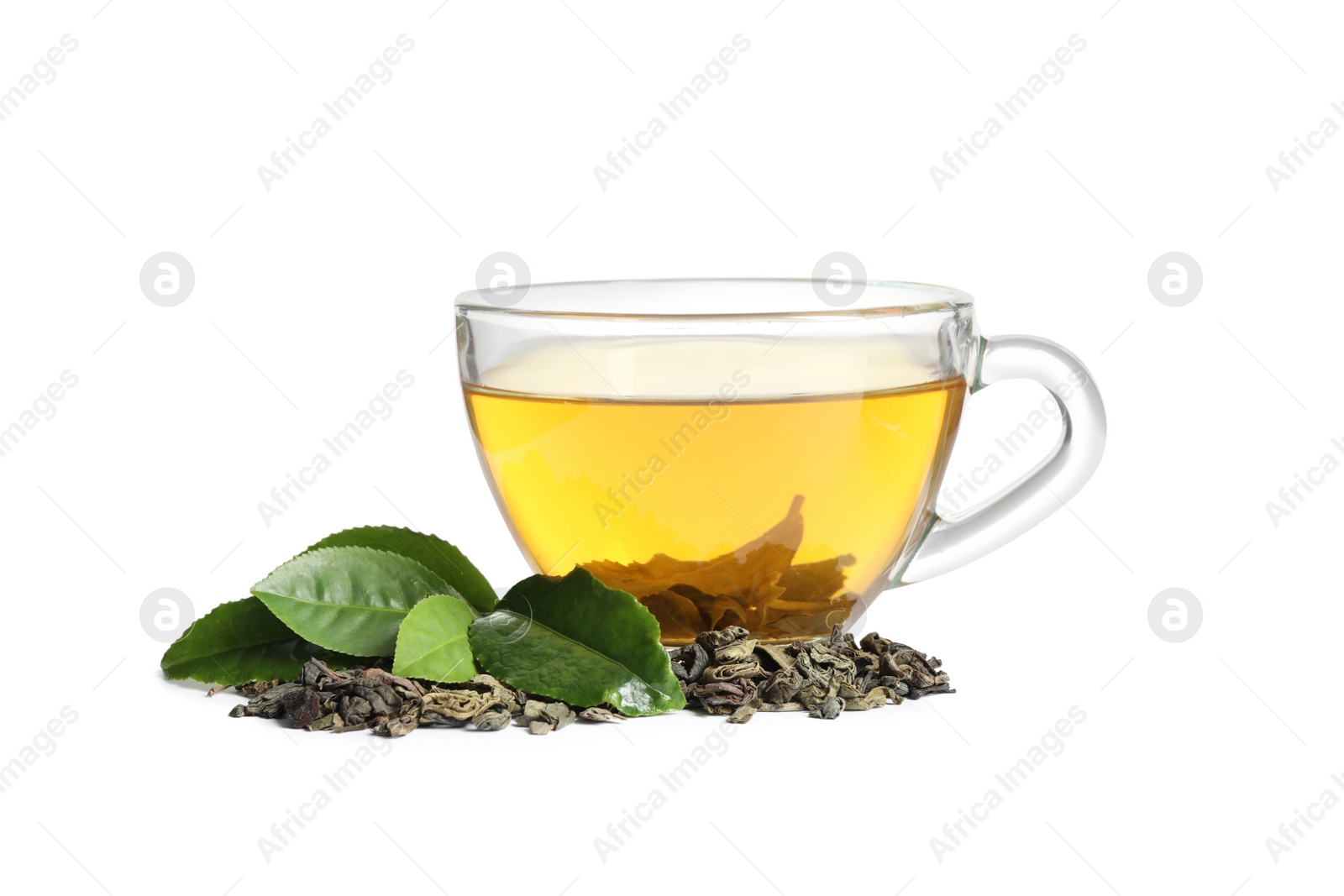 Photo of Tasty green tea with fresh and dry leaves on white background