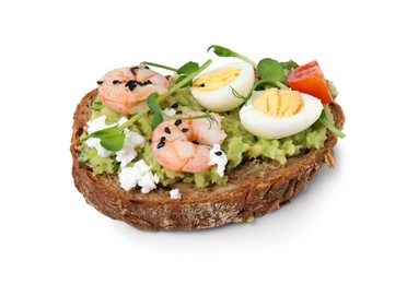 Photo of Delicious sandwich with guacamole, shrimps and eggs on white background