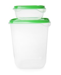 Photo of Empty plastic containers on white background. Food storage