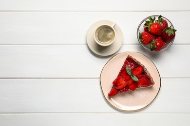 Photo of Piece of delicious strawberry tart with mint and coffee on white wooden table, flat lay. Space for text