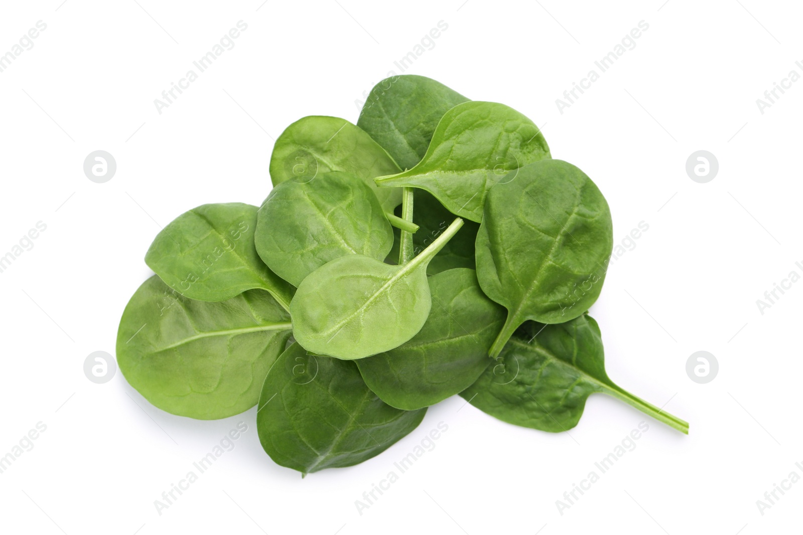 Photo of Pile of fresh spinach leaves isolated on white, top view