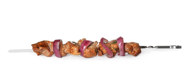 Photo of Metal skewer with delicious meat and onion on white background