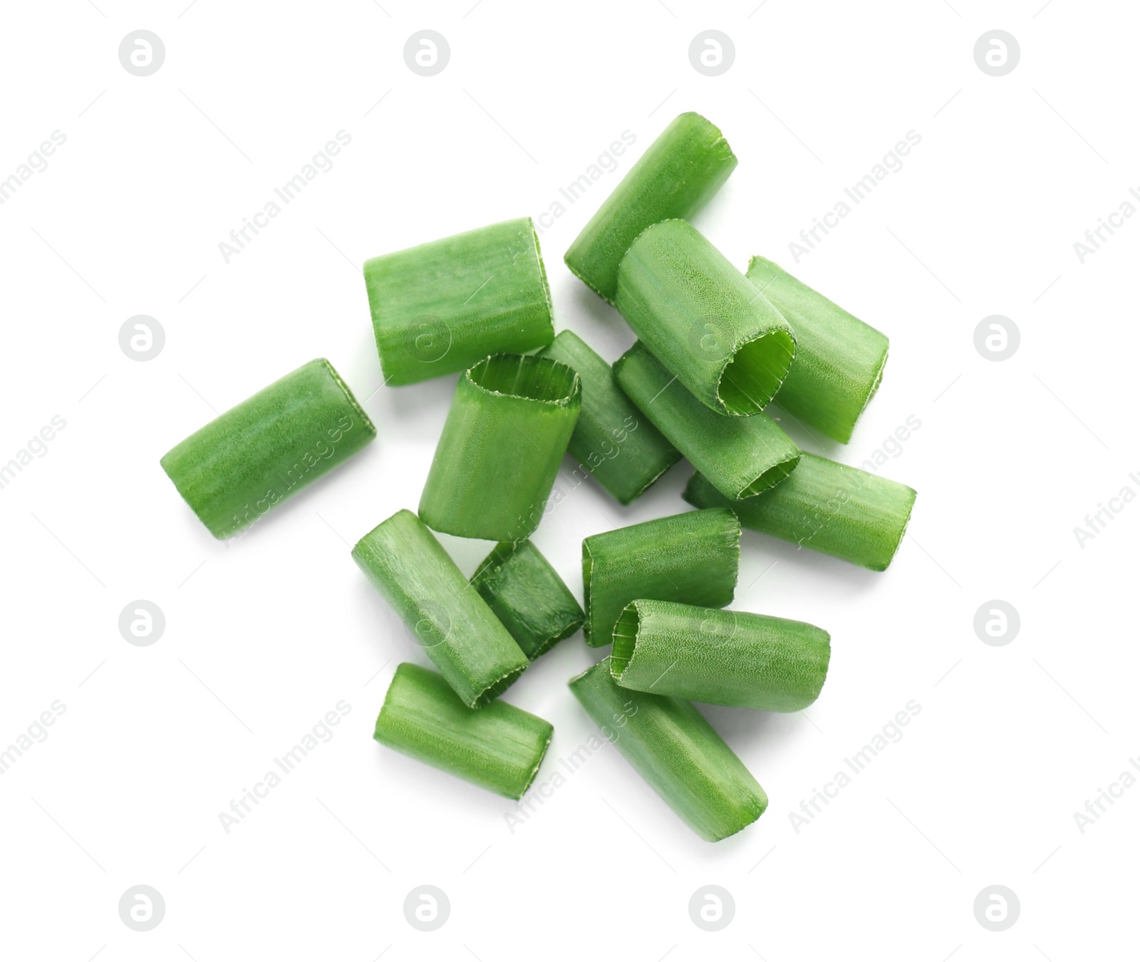 Photo of Cut green spring onion isolated on white, top view