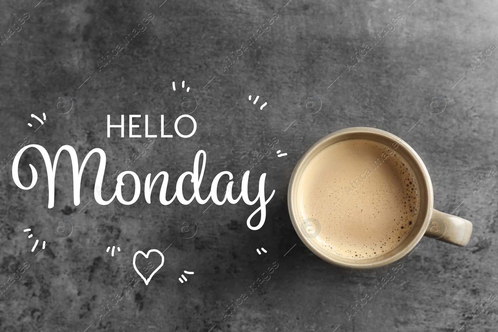 Image of Cup of hot aromatic coffee and phrase Hello Monday on grey background, top view