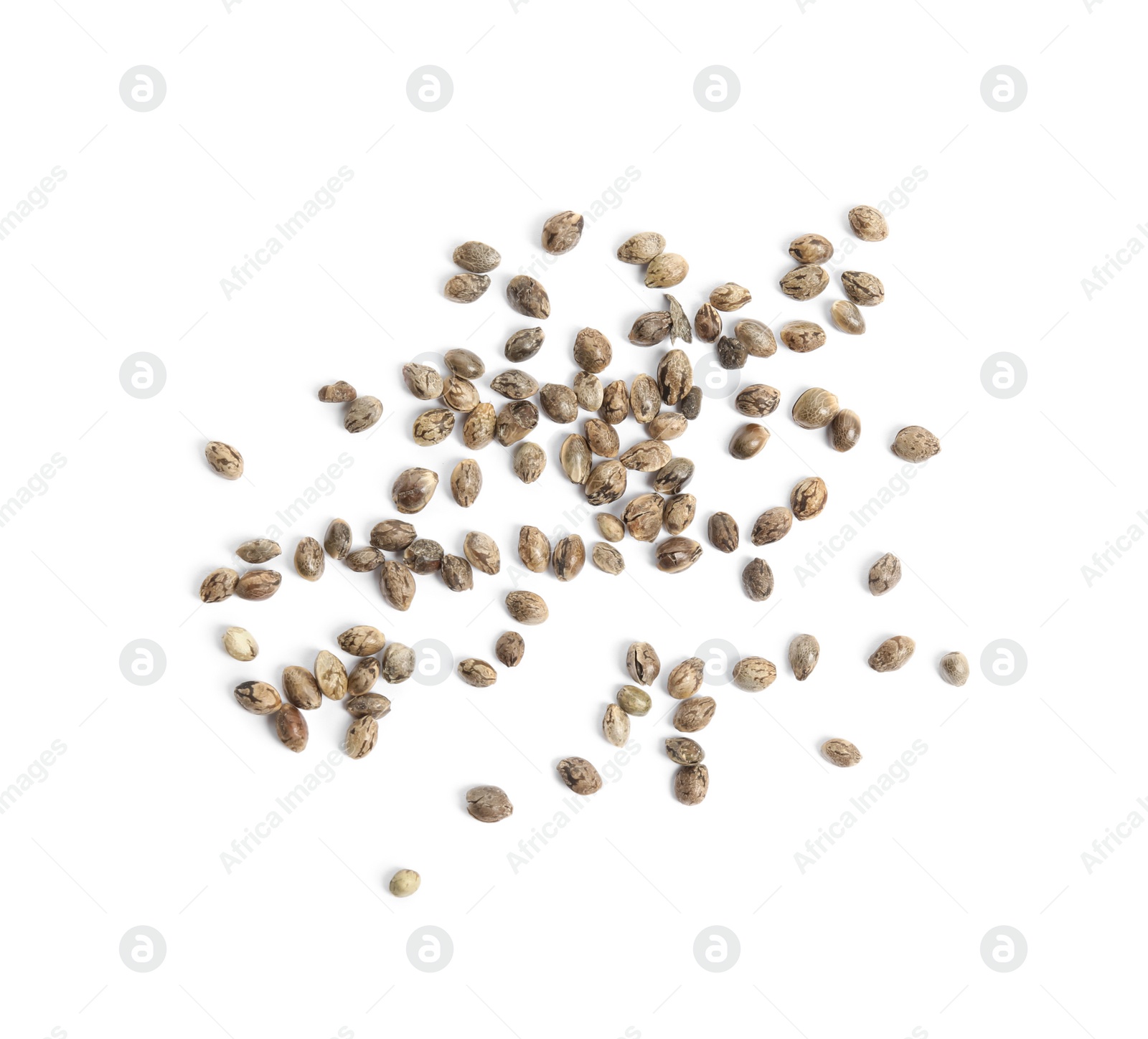 Photo of Hemp seeds on white background, top view