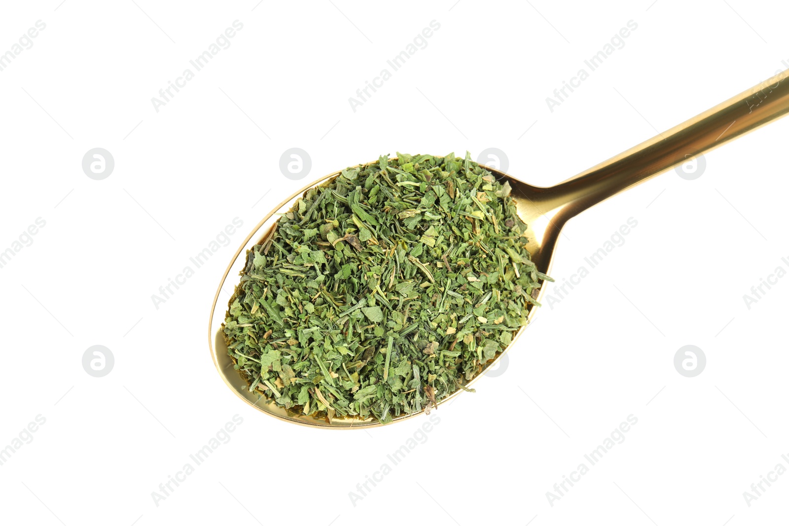 Photo of Spoon with dried parsley on white background, top view