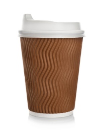 Photo of Takeaway paper coffee cup with lid on white background