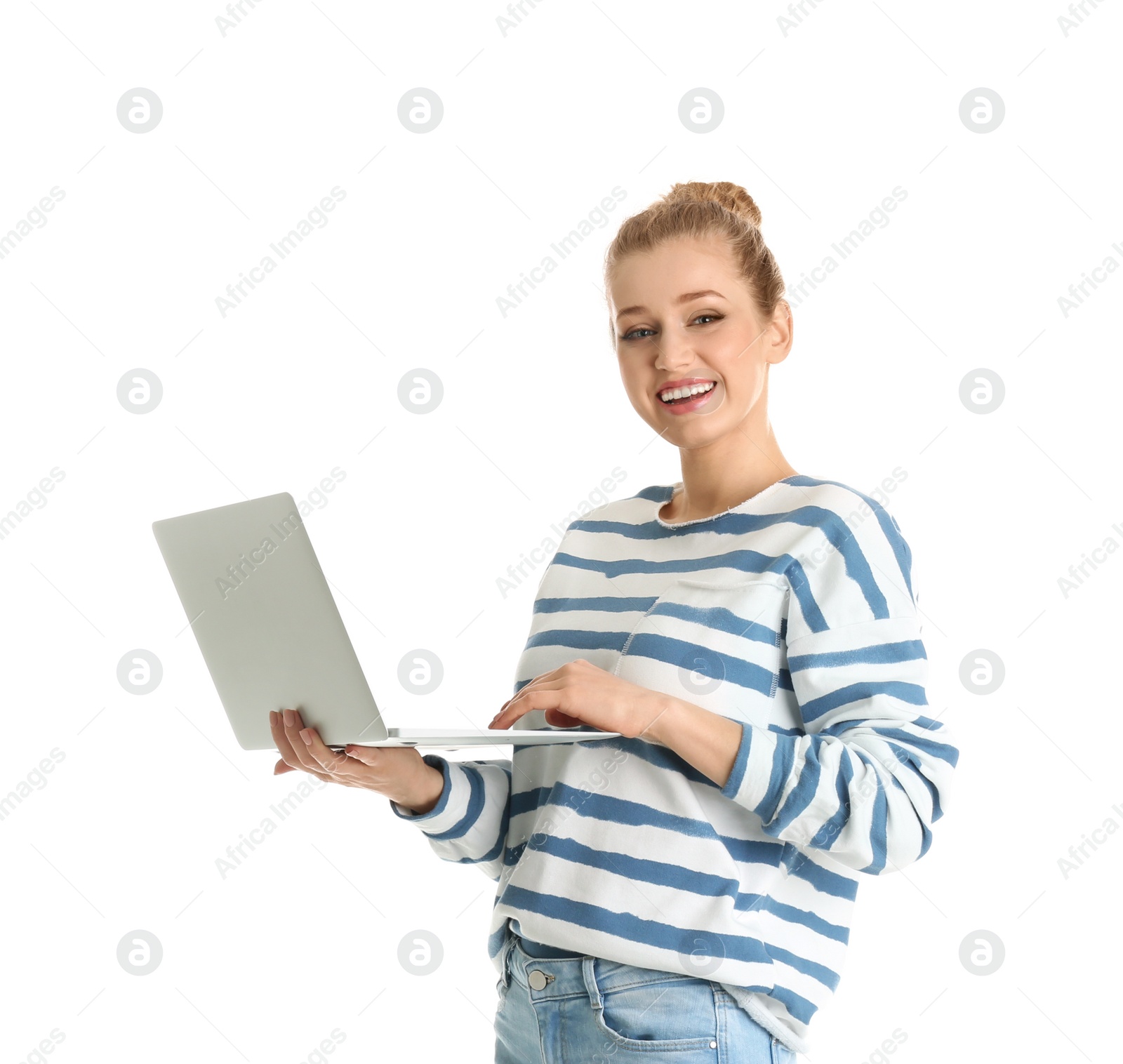 Photo of Portrait of young woman using laptop on white background