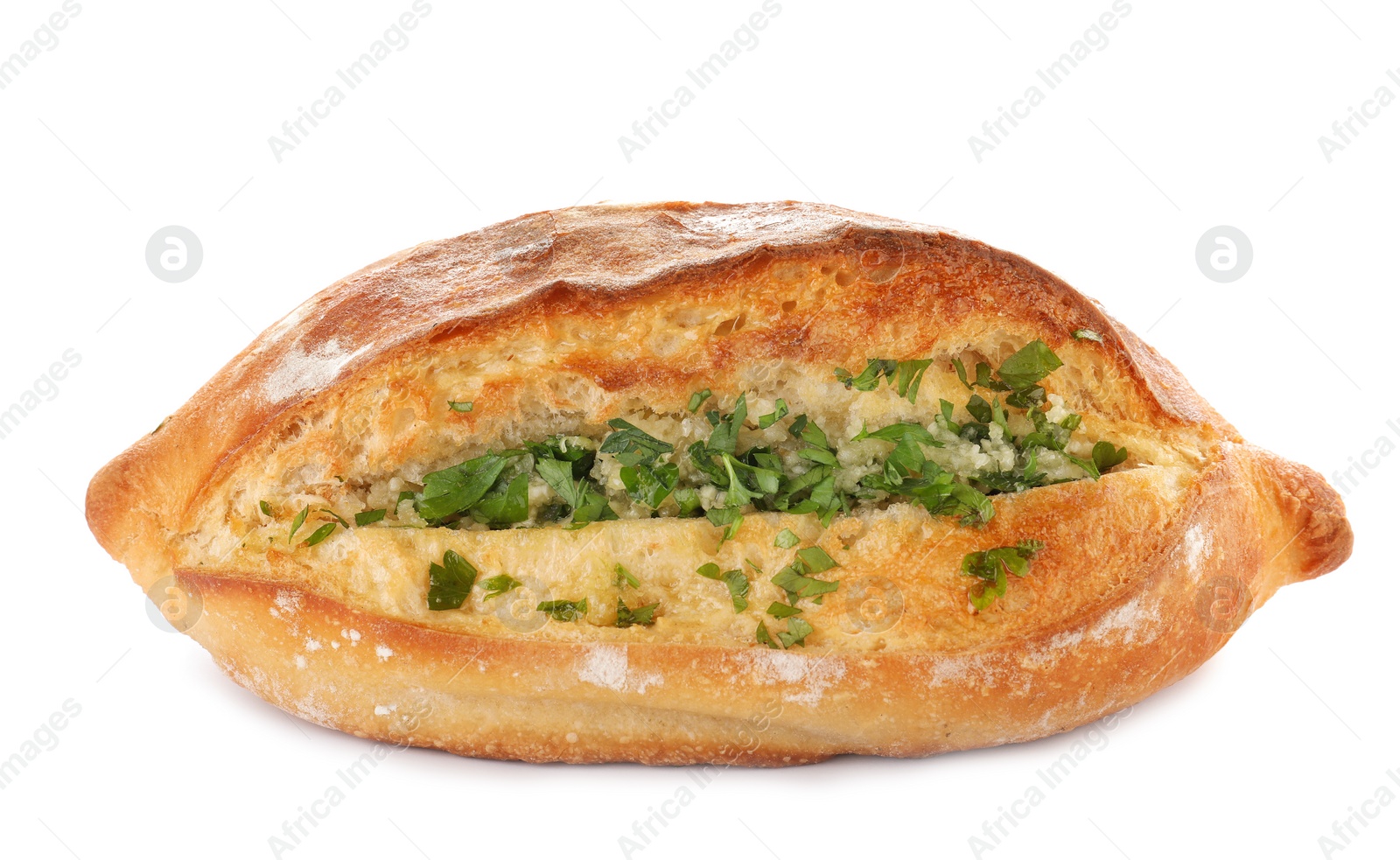 Photo of Delicious homemade garlic bread with herbs on white background