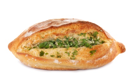 Photo of Delicious homemade garlic bread with herbs on white background