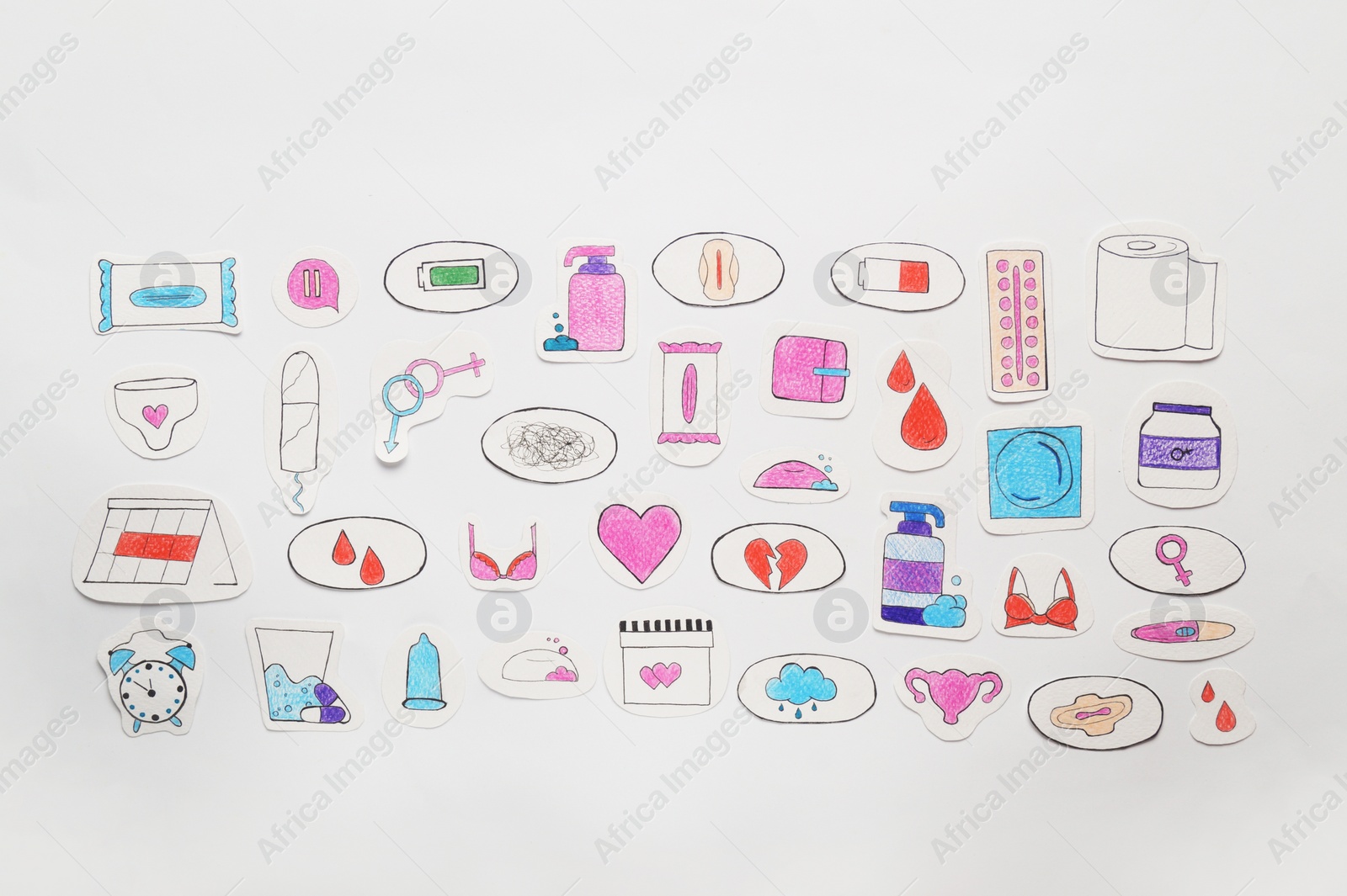 Photo of Woman`s health. Different paper figures on white background, flat lay