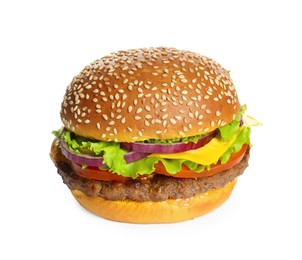 Photo of Burger with delicious patty isolated on white