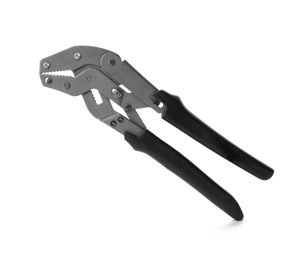 Photo of New pliers on white background. Professional construction tool