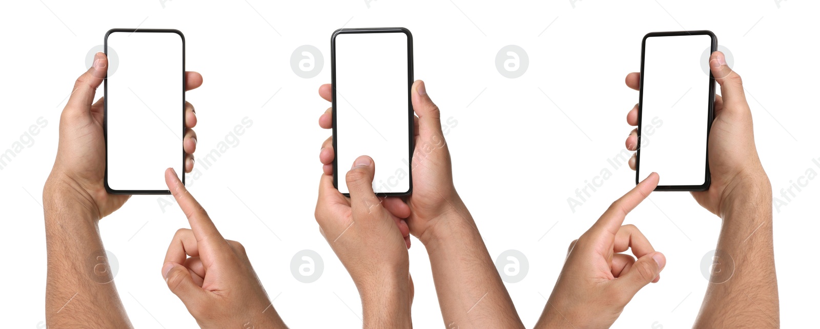 Image of Men holding phones with blank screens on white background, closeup. Set of photos