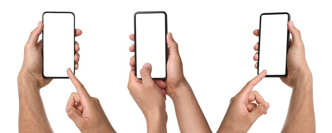 Image of Men holding phones with blank screens on white background, closeup. Set of photos