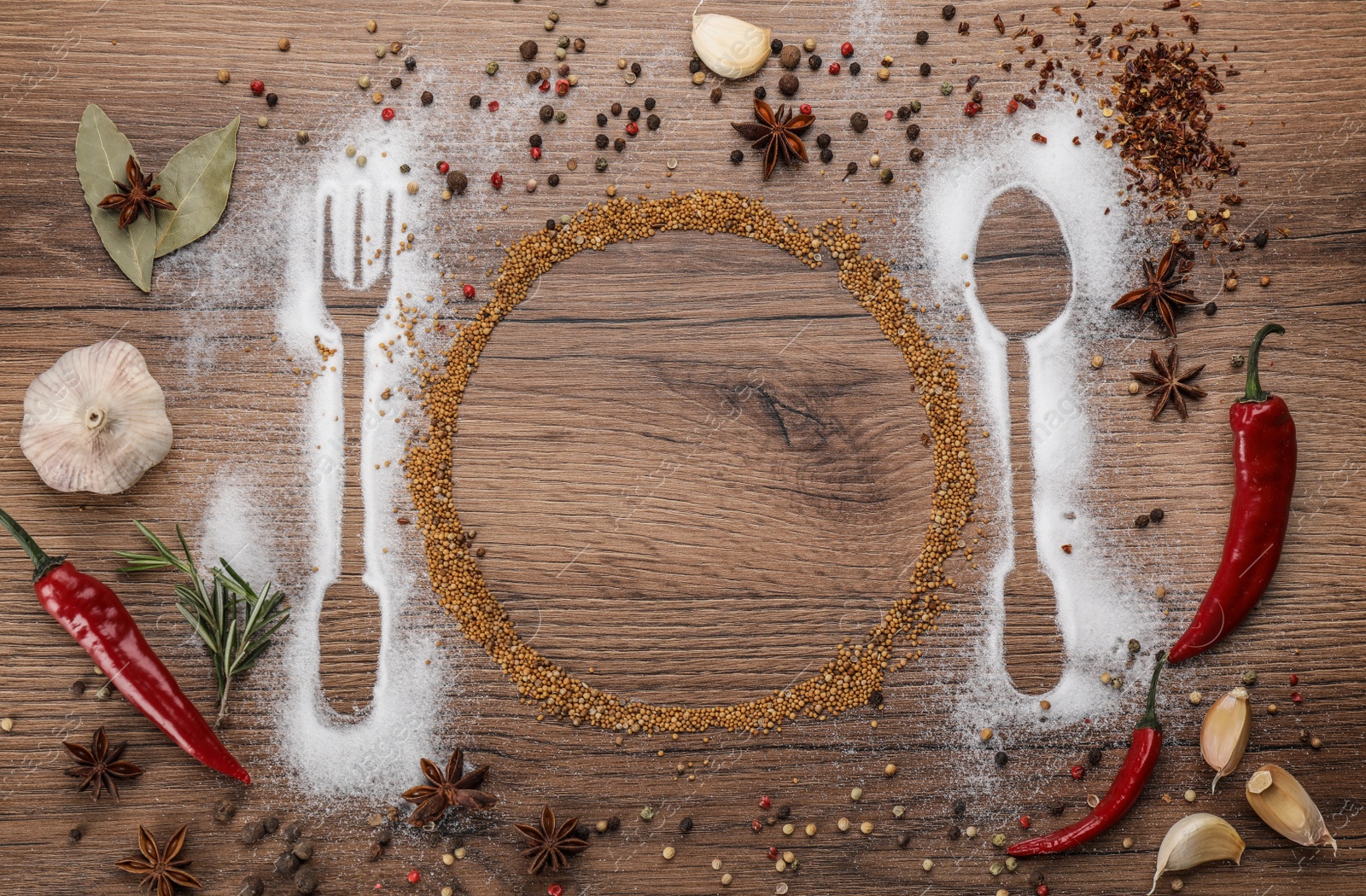 Photo of Beautiful flat lay composition with different spices, silhouettes of cutlery and plate on wooden background. Space for text