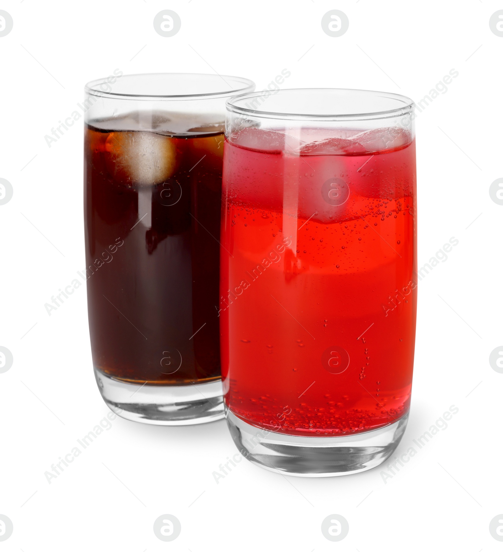 Photo of Glasses of different refreshing soda water with ice cubes on white background