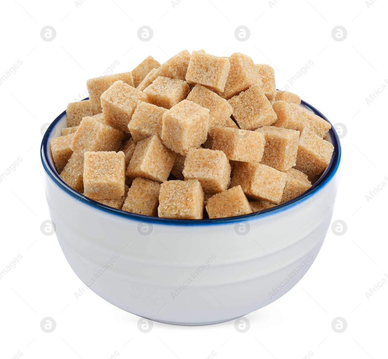 Photo of Bowl with cubes of brown sugar isolated on white