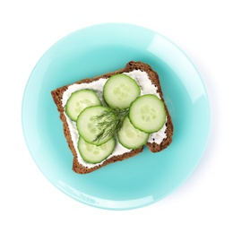 Photo of Plate with cucumber sandwich isolated on white, top view