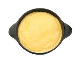 Fondue pot with tasty melted cheese isolated on white, top view
