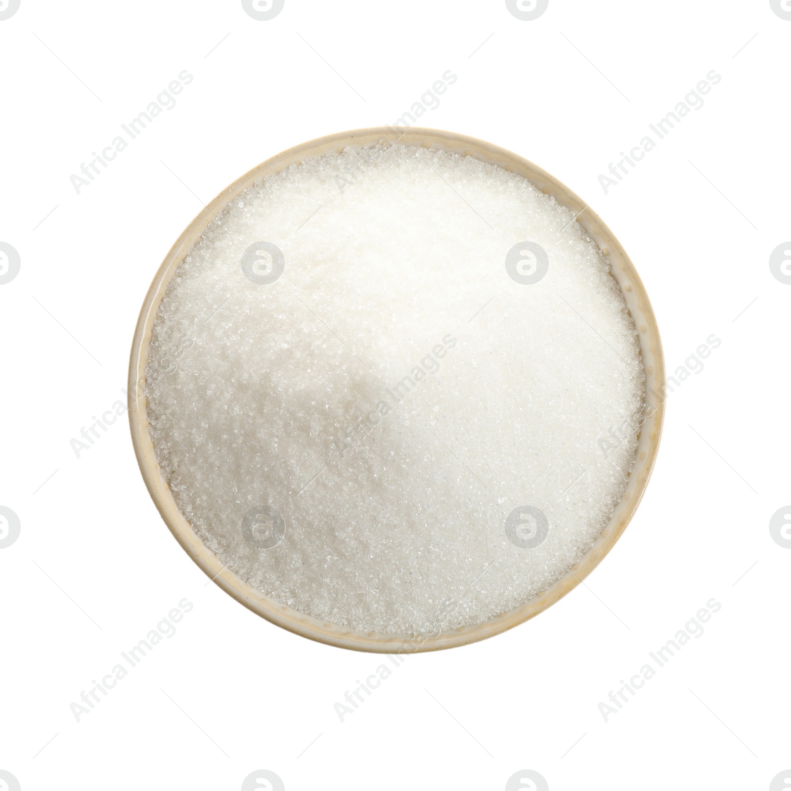 Photo of Granulated sugar in bowl isolated on white, top view