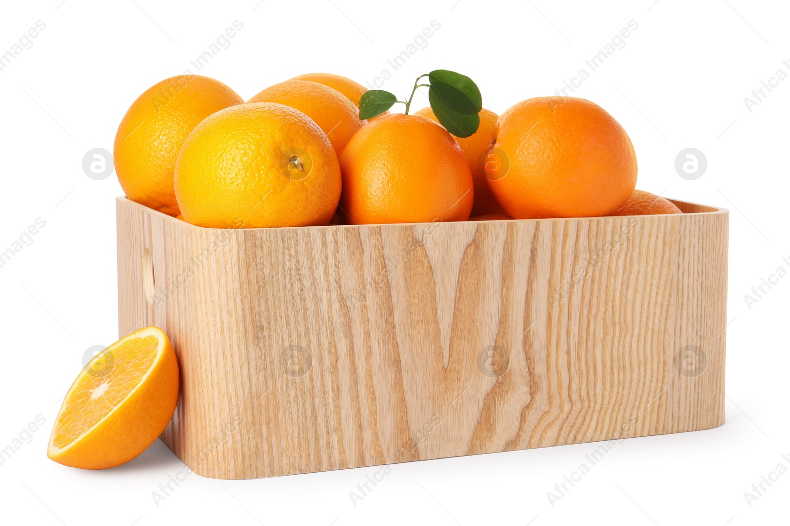 Photo of Fresh oranges in wooden crate isolated on white