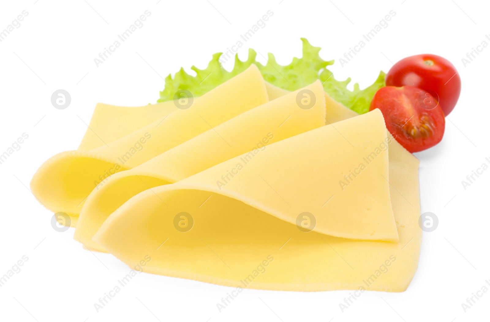 Photo of Slices of fresh cheese, tomatoes and lettuce isolated on white