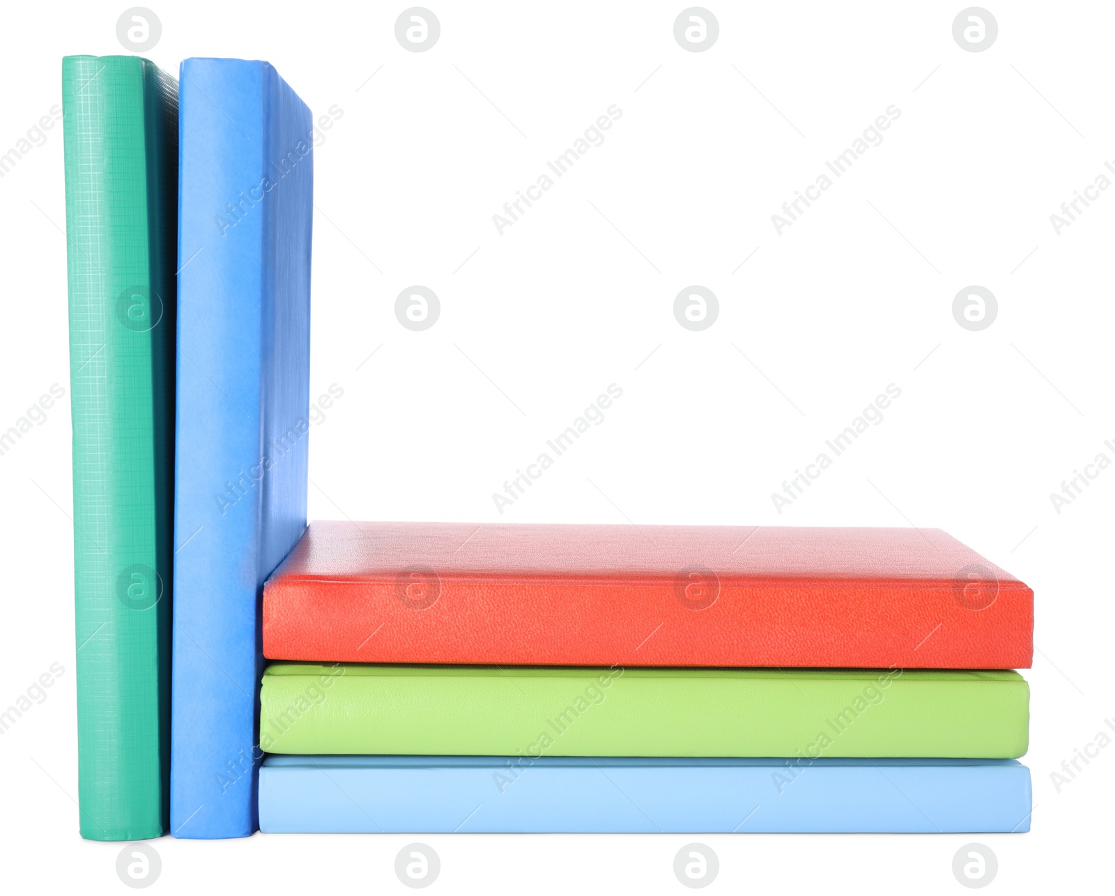 Photo of Many different stylish notebooks on white background
